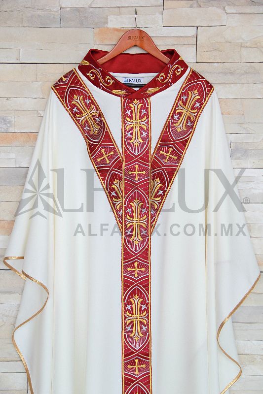 Casulla 04 IMPERIAL TRINITY "Y" en Blanco con RojoQuemado y Cuello Bordado